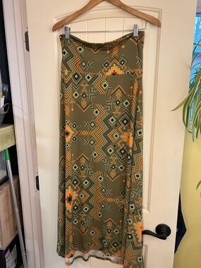 LuLaRoe Olive Green Aztec Maxi Skirt with Orange and Cream Accents